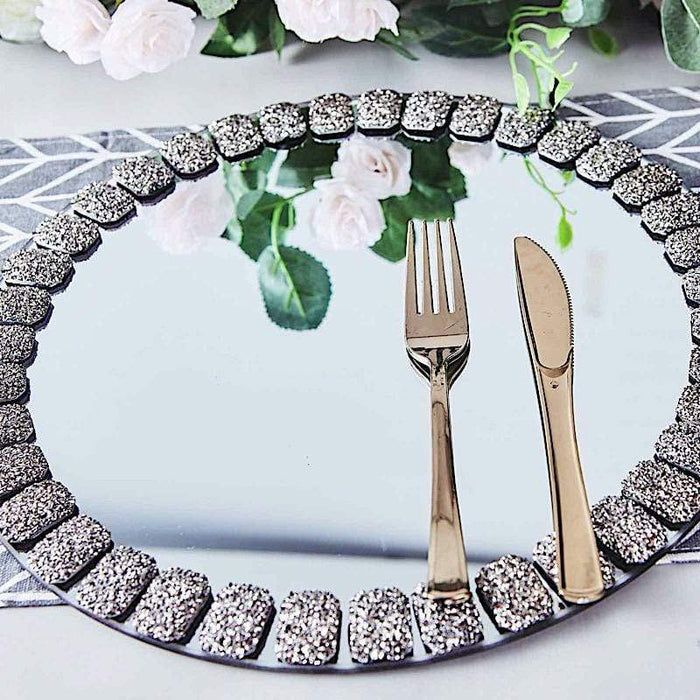 2 pcs 13" Round Mirror Glass Charger Plates with Glitter Crystals Rim