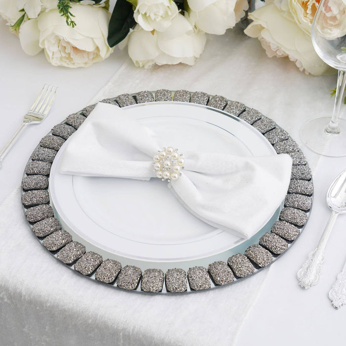 2 pcs 13" Round Mirror Glass Charger Plates with Glitter Crystals Rim CHRG_GLAS0002_SILV