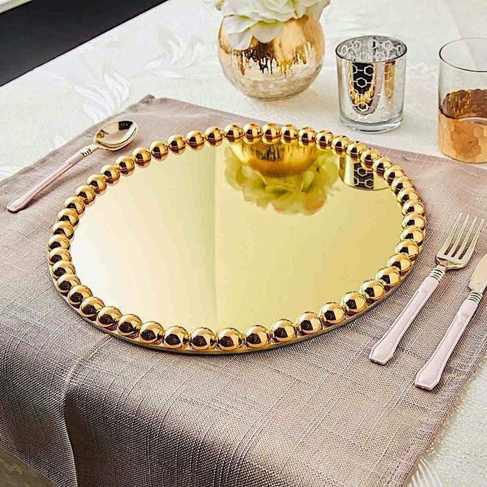 2 pcs 13" Round Mirror Glass Charger Plates with Pearl Rim