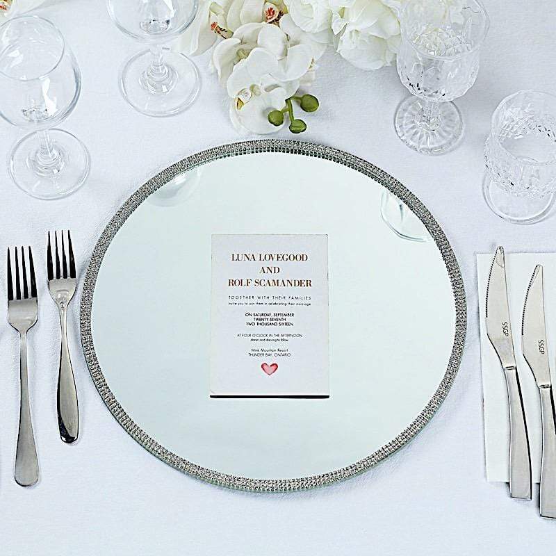 2 pcs 13" Round Mirror Glass Charger Plates with Rhinestone Rim