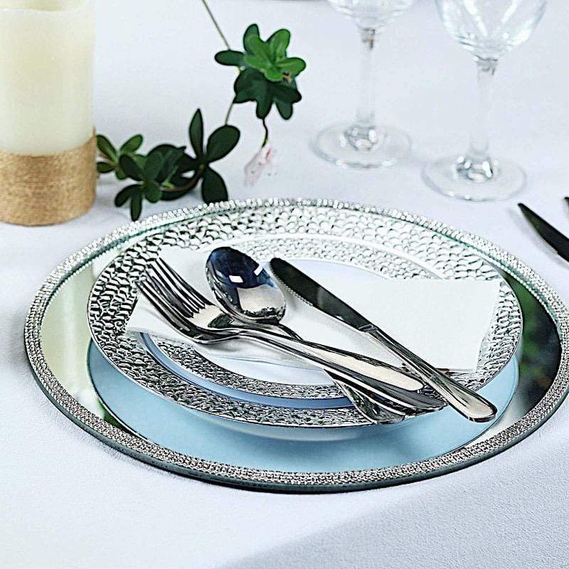 2 pcs 13" Round Mirror Glass Charger Plates with Rhinestone Rim