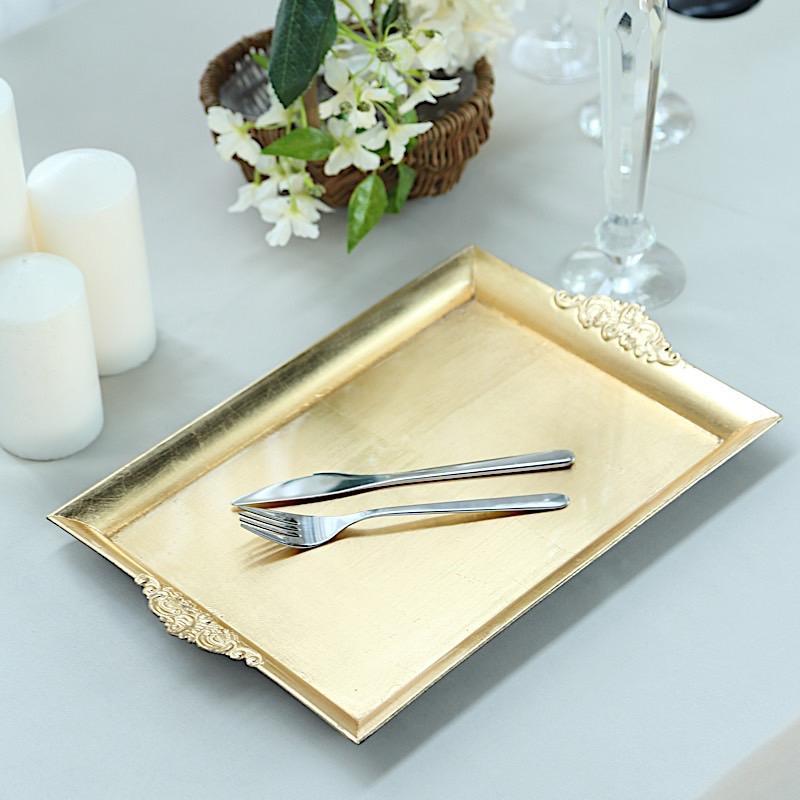 2 pcs 14" long Rectangle Serving Trays with Embossed Rim - Gold CHRG_TRAY001_16_GOLD