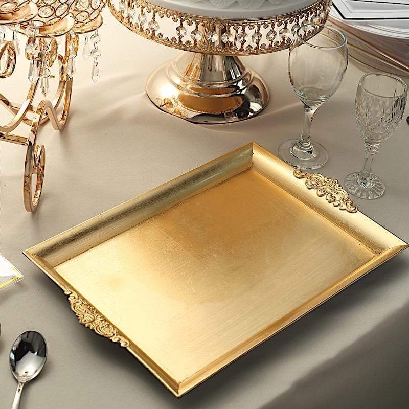 2 pcs 14" long Rectangle Serving Trays with Embossed Rim - Gold CHRG_TRAY001_16_GOLD