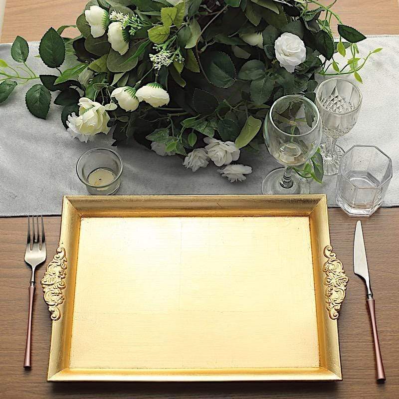 2 pcs 14" long Rectangle Serving Trays with Embossed Rim - Gold CHRG_TRAY001_16_GOLD