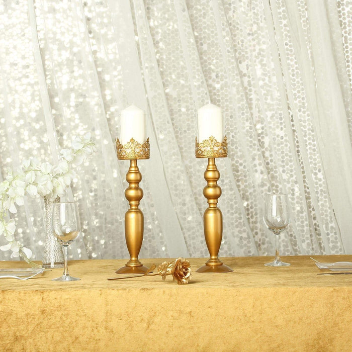 2 pcs 14" tall Lacy Trim Metal with Glass Candle Holders Centerpieces - Gold CHDLR_CAND_028_14_GOLD