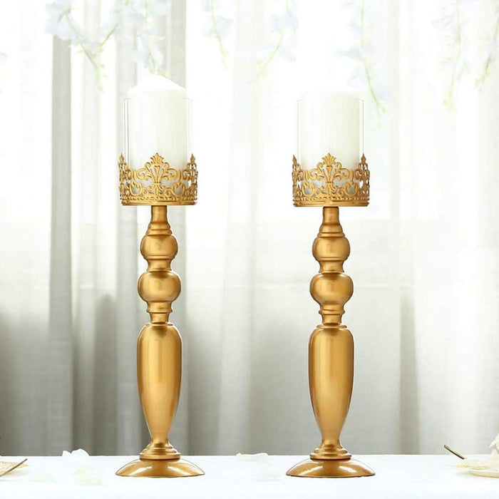2 pcs 17" tall Lacy Trim Metal with Glass Candle Holders Centerpieces - Gold CHDLR_CAND_028_18_GOLD