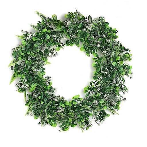 2 pcs 22" Artificial Boxwood and Fern Leaves Wreath Candle Rings - Green and white ARTI_RING_GRN_L_06_WHT