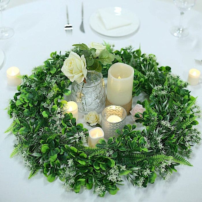 2 pcs 22" Artificial Boxwood and Fern Leaves Wreath Candle Rings - Green and white ARTI_RING_GRN_L_06_WHT