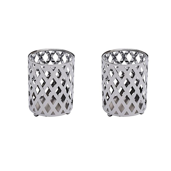 2 pcs 4" tall Round Metal Votive Candle Holder with Diamond Holes IRON_CAND_014_SILV