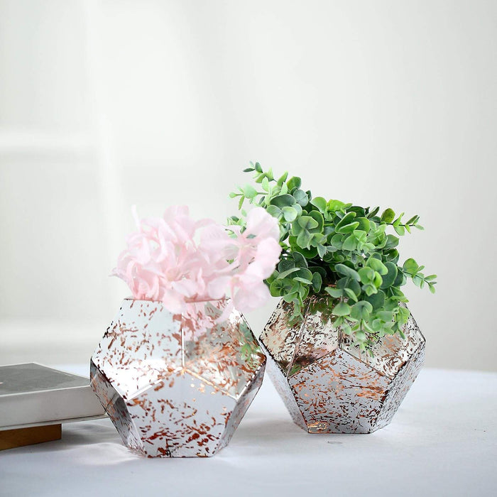 2 pcs 5" tall Mercury Glass Geometric Pentagon Candle Holders Vases - Silver with Rose Gold VASE_A54_5_054