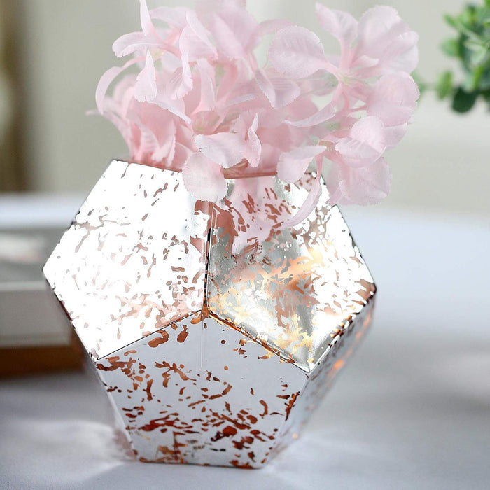 2 pcs 5" tall Mercury Glass Geometric Pentagon Candle Holders Vases - Silver with Rose Gold VASE_A54_5_054