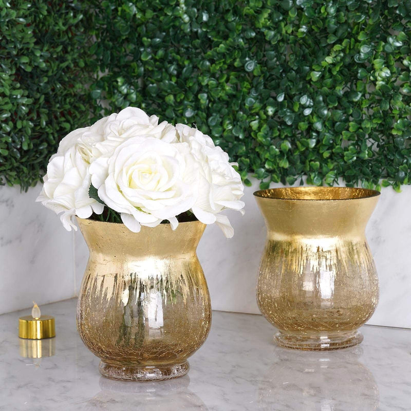 2 pcs 6" tall Crackle Glass Candle Holders Vases - Gold VASE_A27_6_GOLD