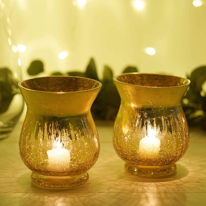2 pcs 6" tall Crackle Glass Candle Holders Vases - Gold VASE_A27_6_GOLD