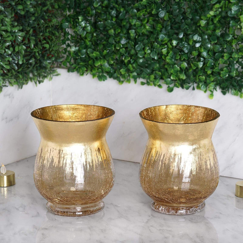 2 pcs 6" tall Crackle Glass Candle Holders Vases - Gold VASE_A27_6_GOLD