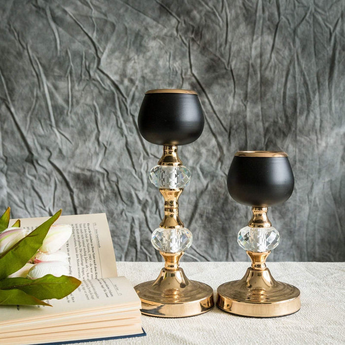 2 pcs 7" 11" tall Metallic Candle Holders Centerpieces with Crystal - Gold and Black CHDLR_CAND_015_GDBLK