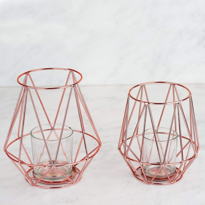 2 pcs 7" tall Geometric Design Metal Tealight Holders Lanterns - Rose Gold CHDLR_CAND_014A_054