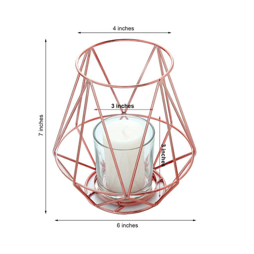 2 pcs 7" tall Geometric Design Metal Tealight Holders Lanterns - Rose Gold CHDLR_CAND_014A_054