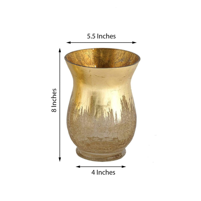 2 pcs 8" tall Crackle Glass Candle Holders Vases - Gold