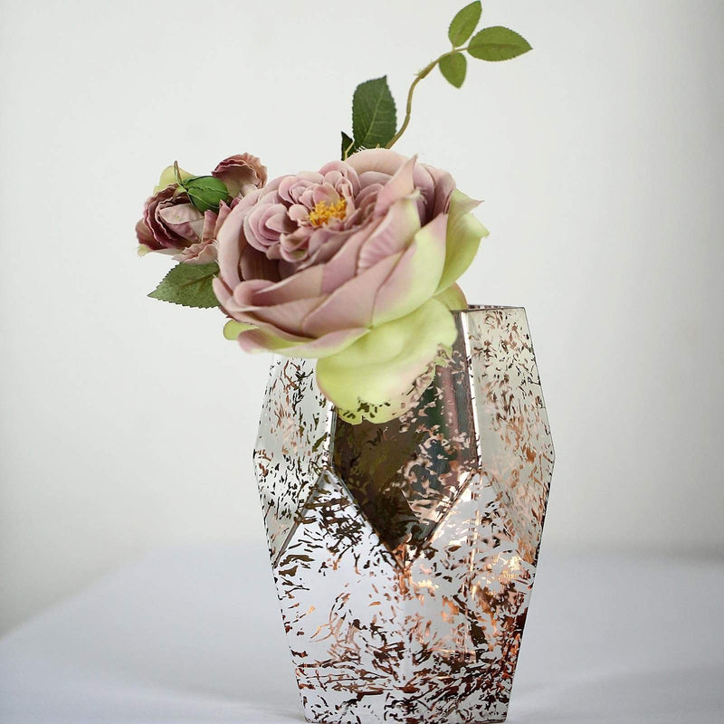 2 pcs 8" tall Mercury Glass Geometric Pentagon Candle Holders Vases - Silver with Rose Gold VASE_A55_8_054