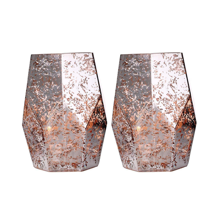2 pcs 8" tall Mercury Glass Geometric Pentagon Candle Holders Vases - Silver with Rose Gold VASE_A55_8_054