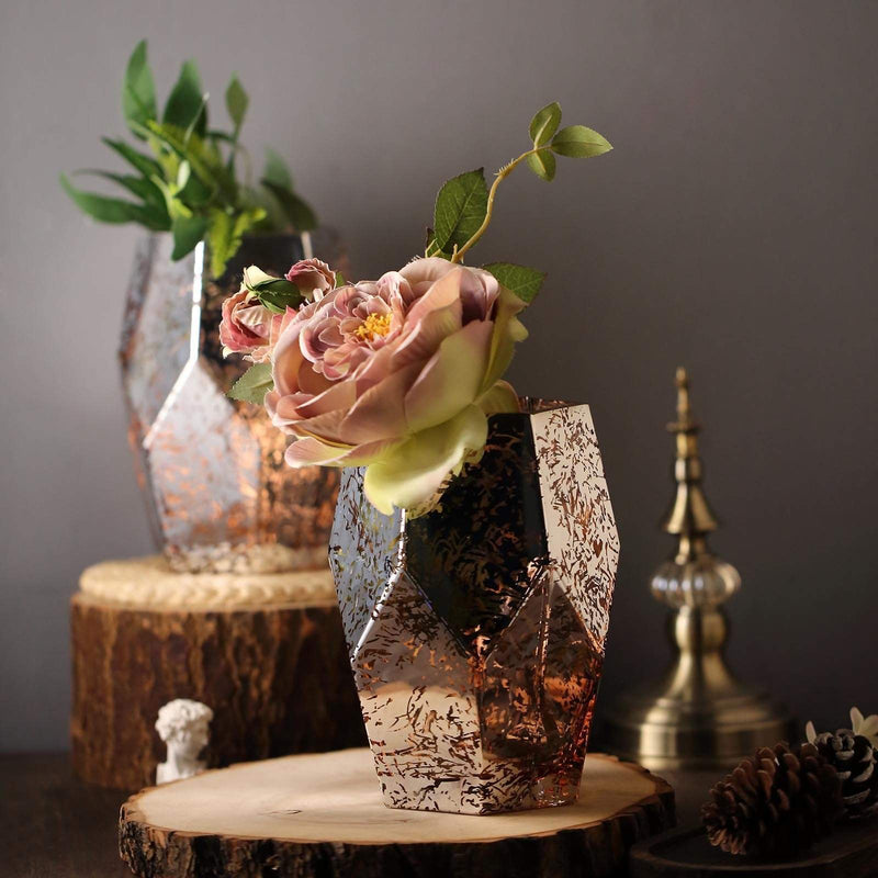 2 pcs 8" tall Mercury Glass Geometric Pentagon Candle Holders Vases - Silver with Rose Gold VASE_A55_8_054