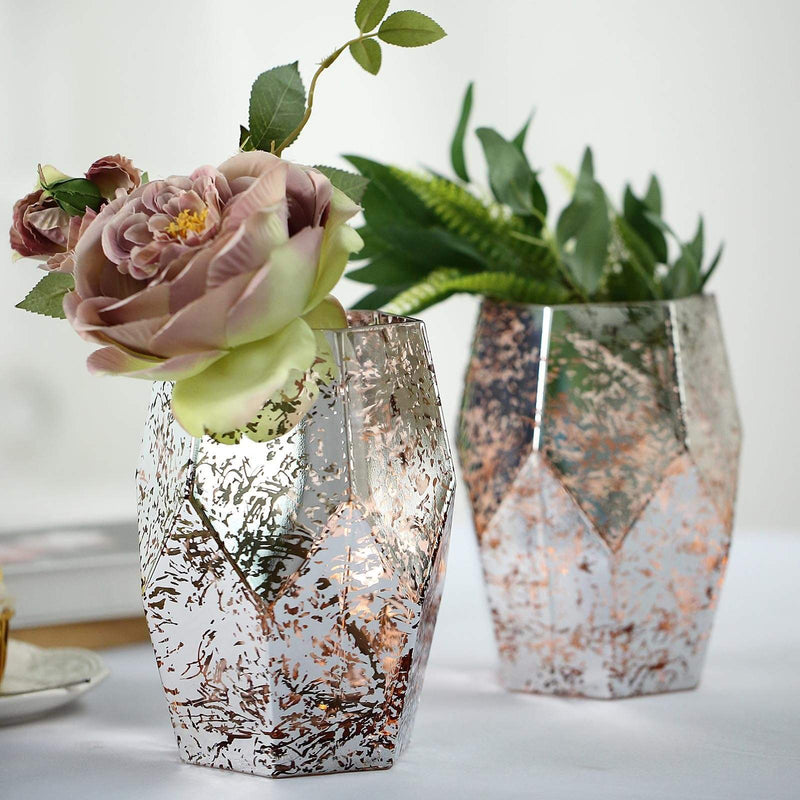 2 pcs 8" tall Mercury Glass Geometric Pentagon Candle Holders Vases - Silver with Rose Gold VASE_A55_8_054