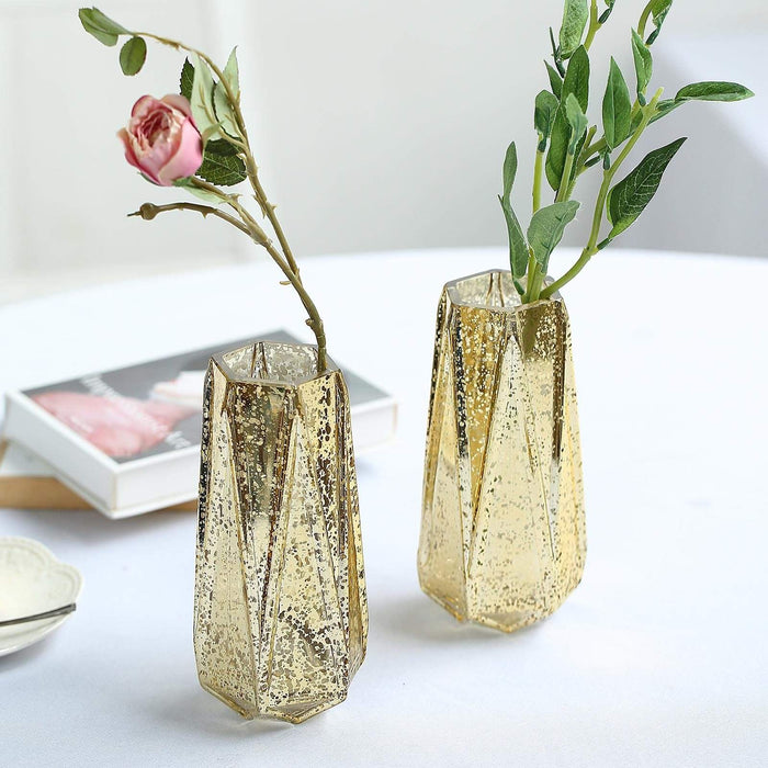 2 pcs 8" tall Mercury Glass Geometric Vases - Gold