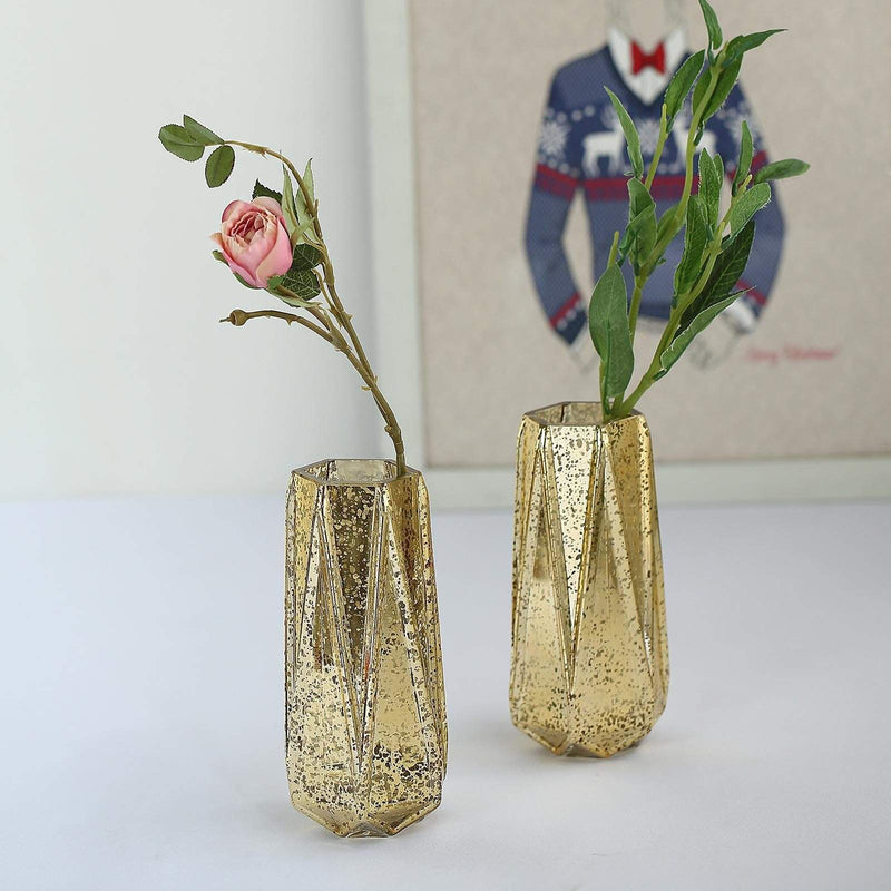 2 pcs 8" tall Mercury Glass Geometric Vases - Gold VASE_A58_8_GOLD