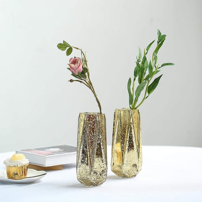 2 pcs 8" tall Mercury Glass Geometric Vases - Gold VASE_A58_8_GOLD
