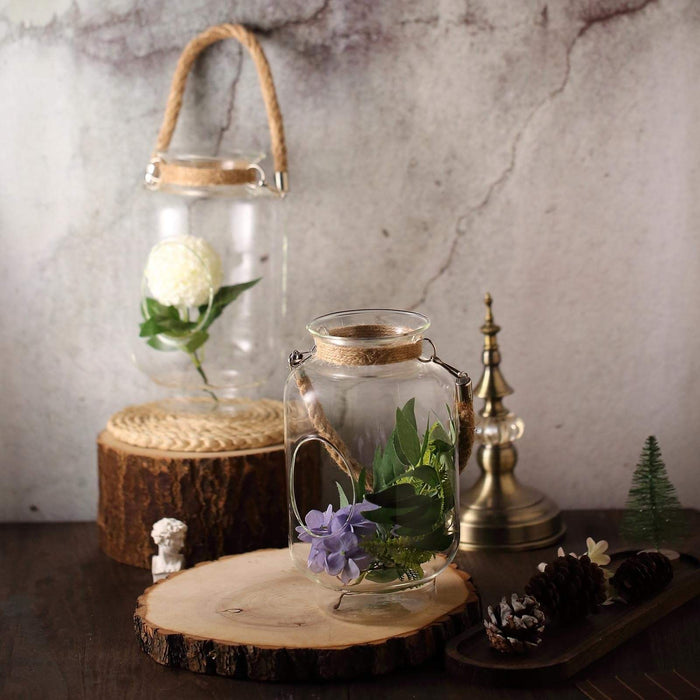 2 pcs 9.5" tall Glass Hanging Jar Vases with Jute Rope Handle - Clear VASE_A50_9