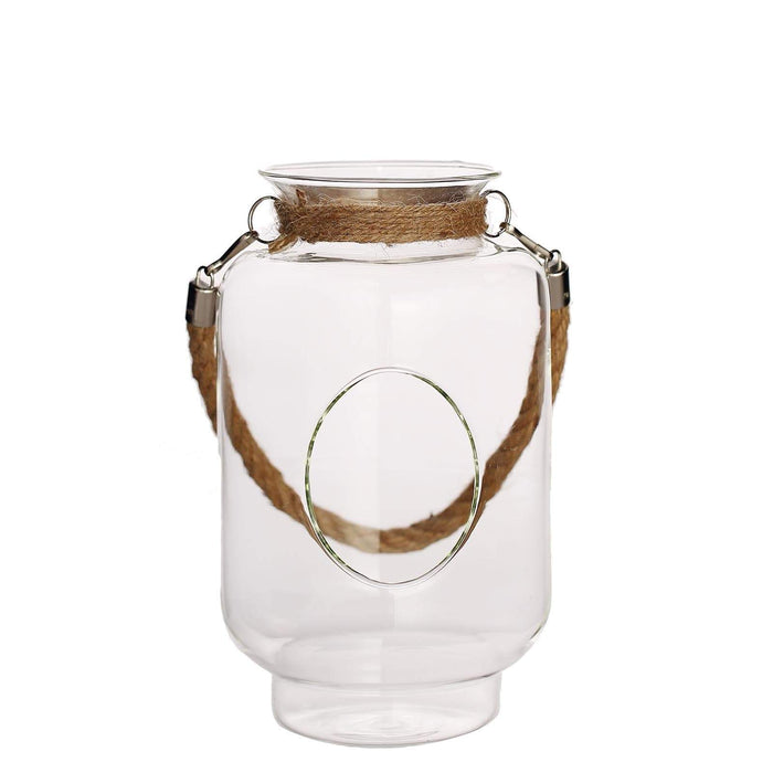2 pcs 9.5 tall Glass Hanging Jar Vases with Jute Rope Handle - Clear