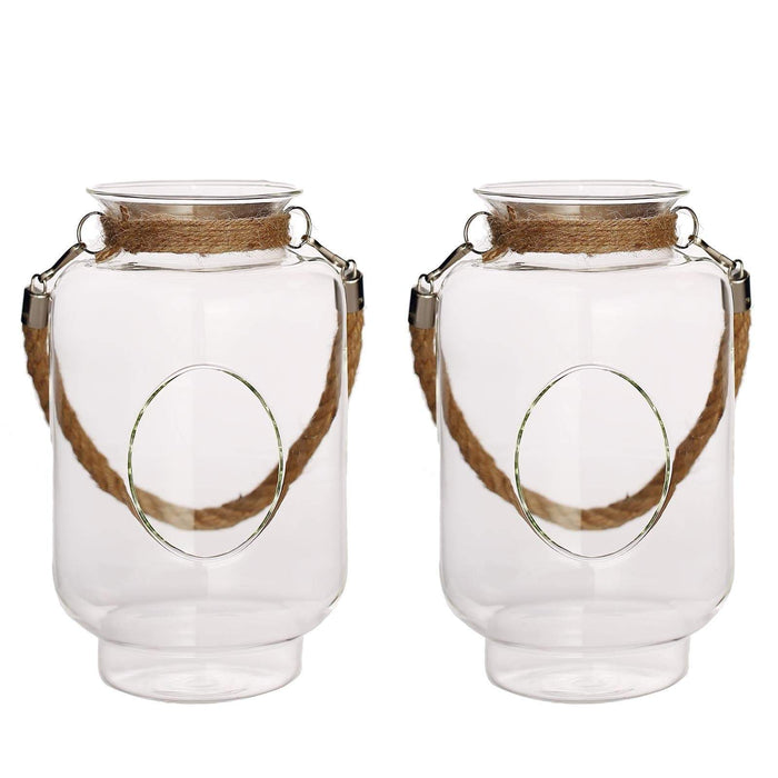 2 pcs 9.5 tall Glass Hanging Jar Vases with Jute Rope Handle - Clear