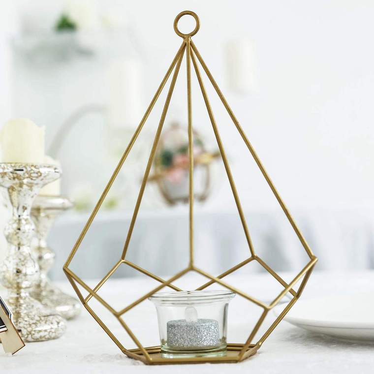 2 pcs 9" tall Geometric Pentagon Candle Holders Metal Lanterns