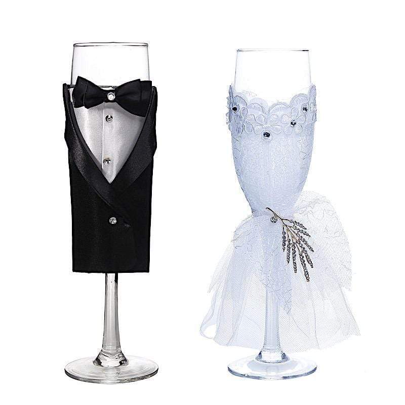 Bride and Groom Champagne Flutes, Wedding Dress Tuxedo Toasting