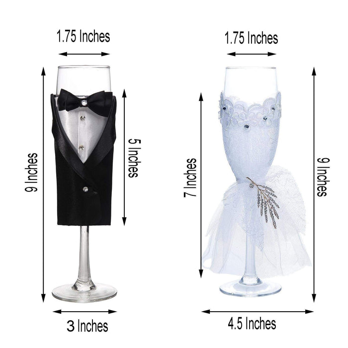 2 pcs 9" tall Glass Tuxedo and Dress Champagne Toasting Flutes - Clear GOB_035