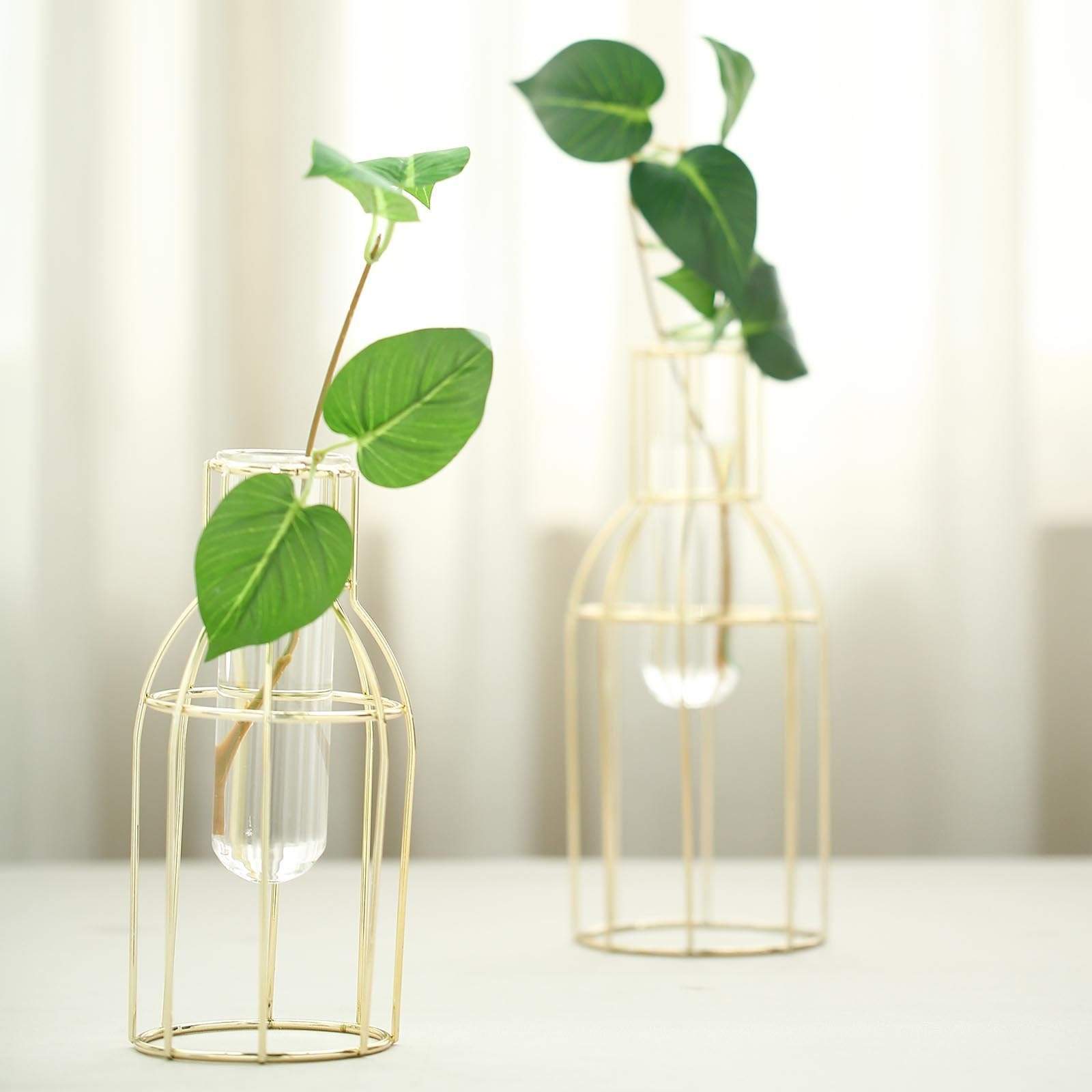 2 pcs Geometric Bottles with Clear Glass Tubes Flower Vase Holders - Gold IRON_VASE_008_GOLD