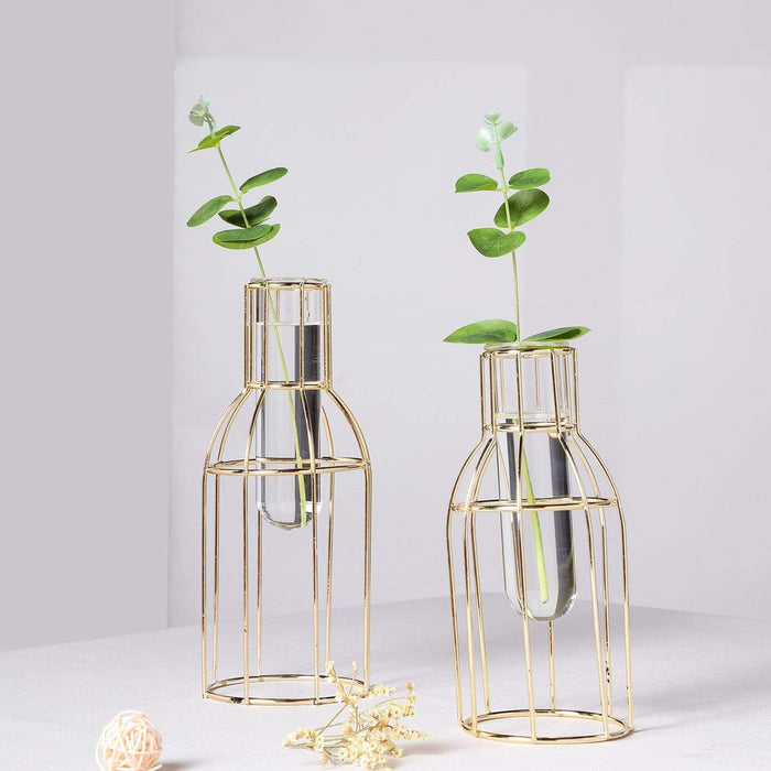 2 pcs Geometric Bottles with Clear Glass Tubes Flower Vase Holders - Gold IRON_VASE_008_GOLD