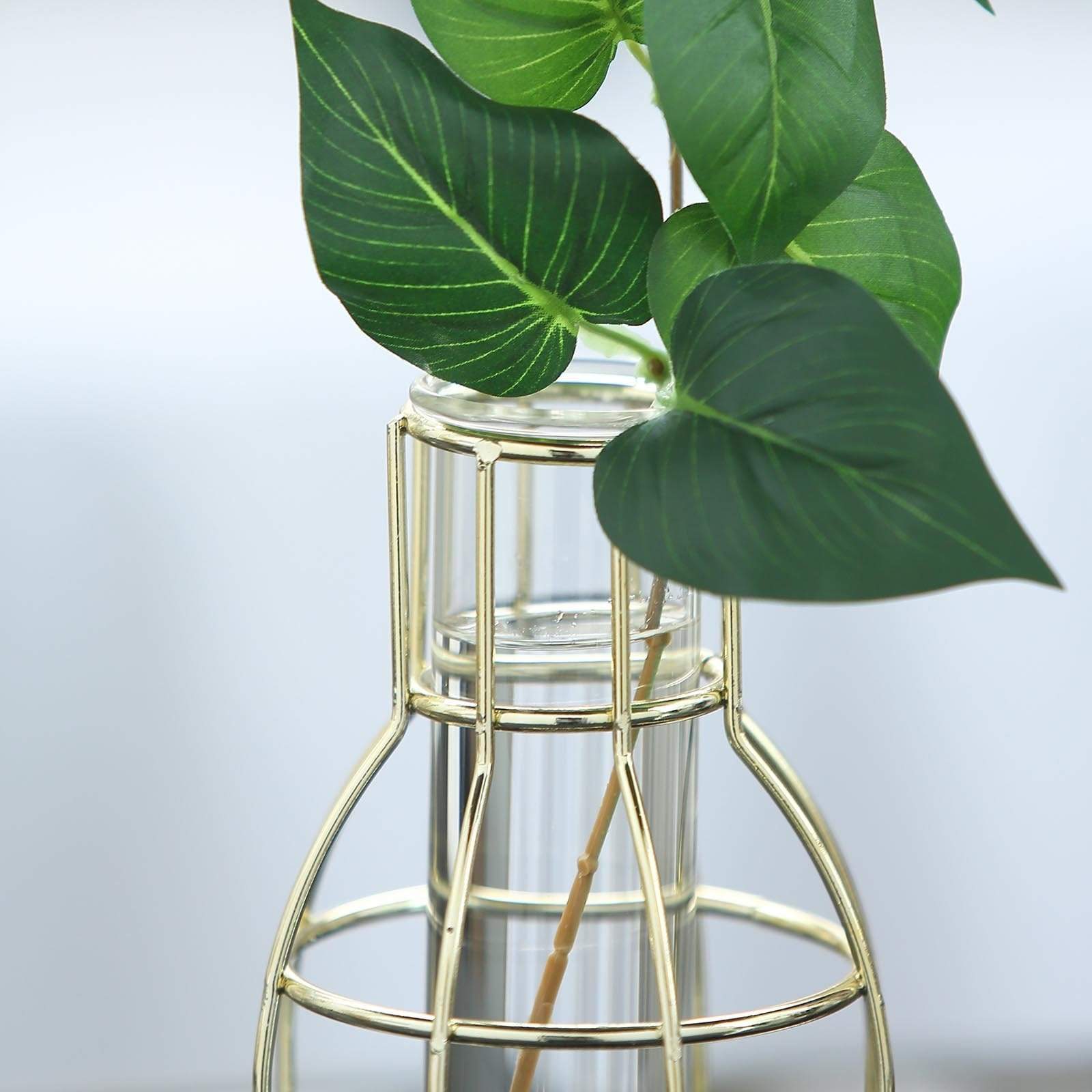 2 pcs Geometric Bottles with Clear Glass Tubes Flower Vase Holders - Gold IRON_VASE_008_GOLD