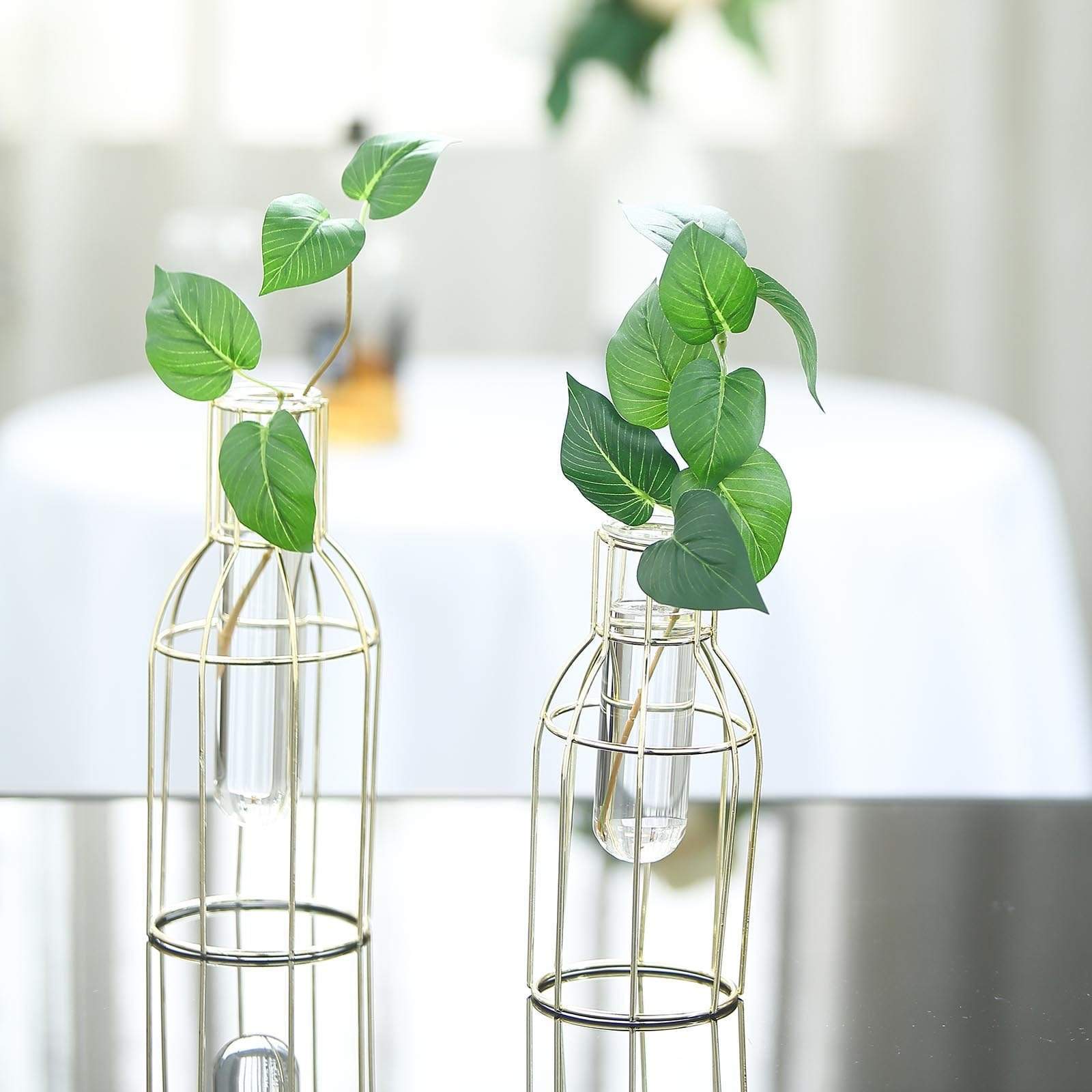 2 pcs Geometric Bottles with Clear Glass Tubes Flower Vase Holders - Gold IRON_VASE_008_GOLD