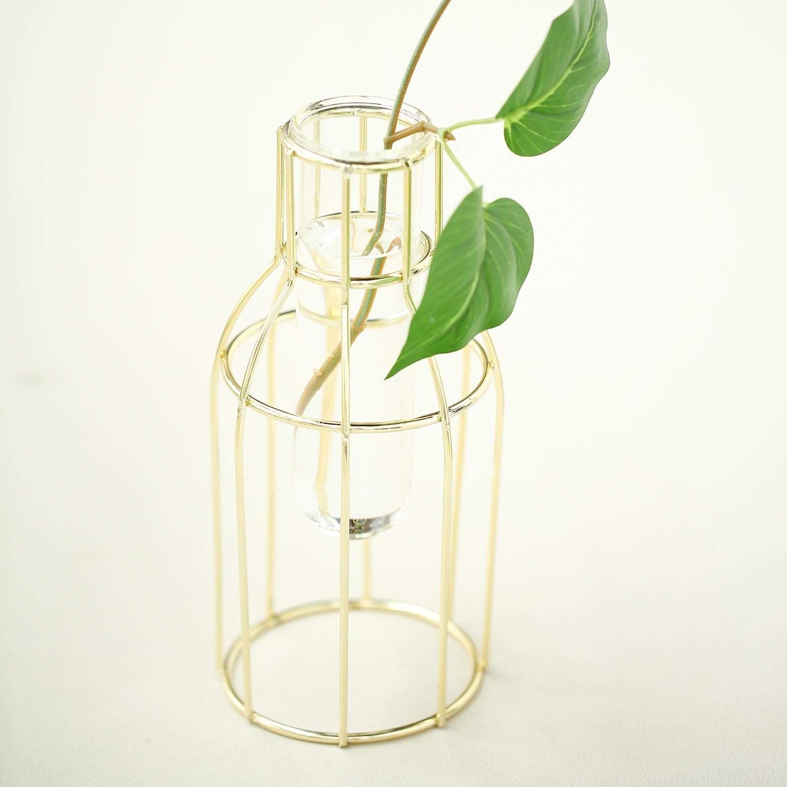 2 pcs Geometric Bottles with Clear Glass Tubes Flower Vase Holders - Gold IRON_VASE_008_GOLD