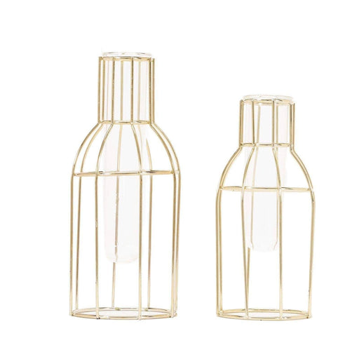 2 pcs Geometric Bottles with Clear Glass Tubes Flower Vase Holders - Gold IRON_VASE_008_GOLD