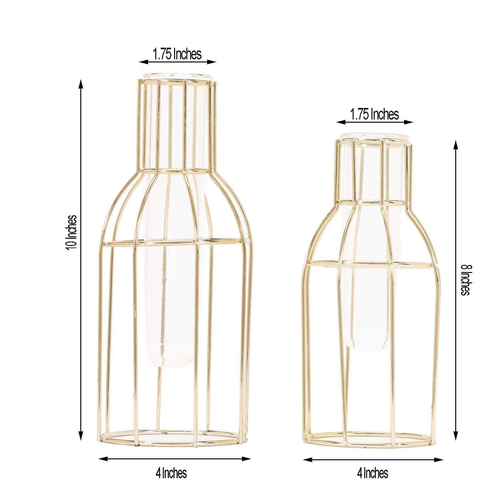 2 pcs Geometric Bottles with Clear Glass Tubes Flower Vase Holders - Gold IRON_VASE_008_GOLD