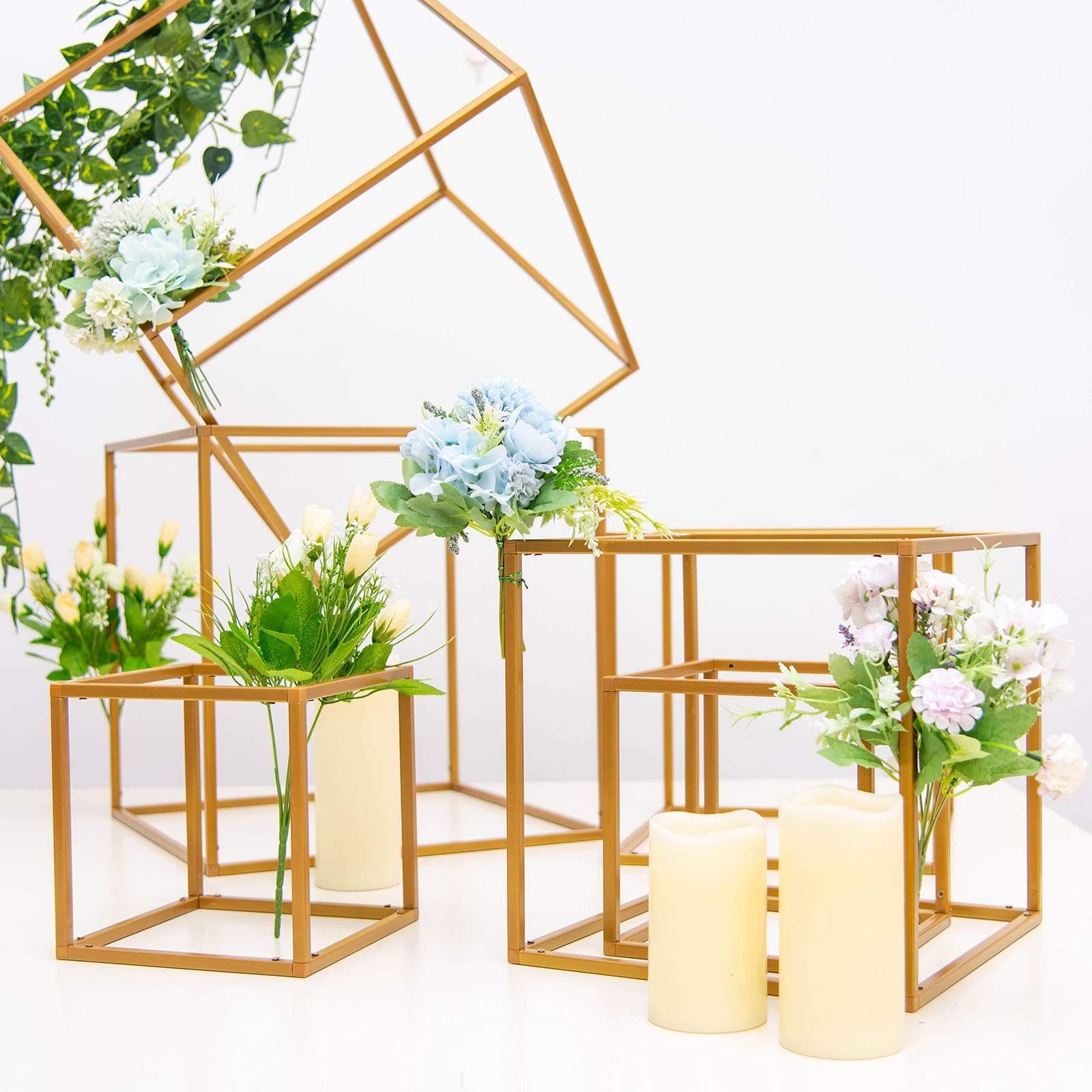 2 pcs Geometric Cube Metal Stands Wedding Flower Vase Holders