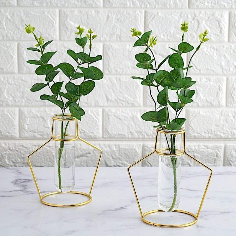 2 pcs Geometric Flower Vase Holders with Clear Glass Tubes - Gold IRON_VASE_004_7_GD