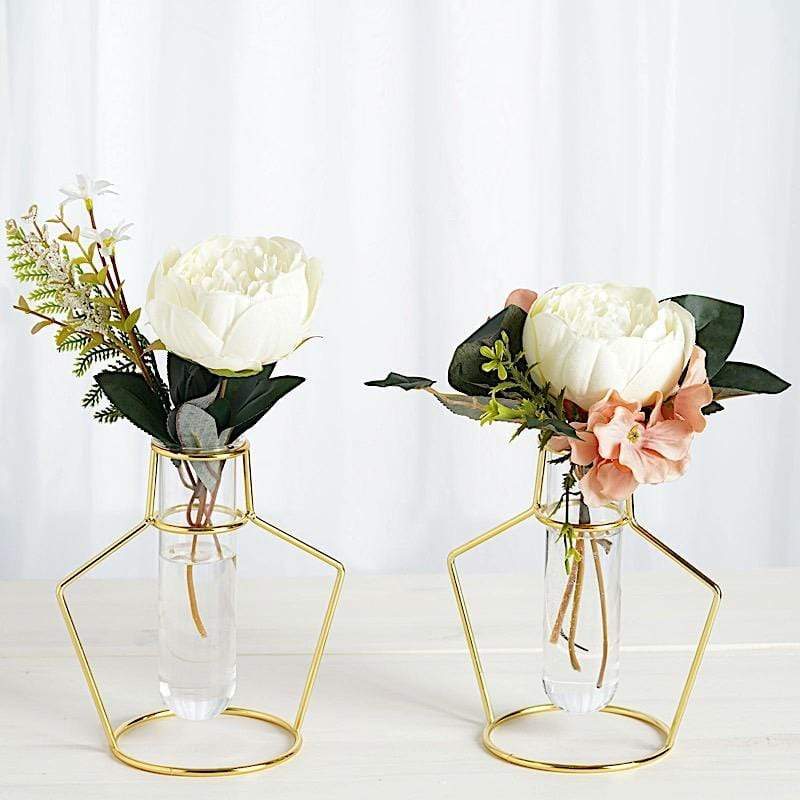 2 pcs Geometric Flower Vase Holders with Clear Glass Tubes - Gold IRON_VASE_004_7_GD