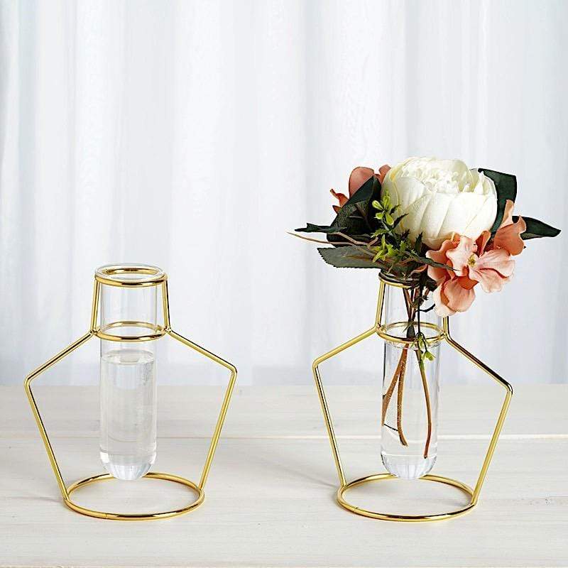 2 pcs Geometric Flower Vase Holders with Clear Glass Tubes - Gold IRON_VASE_004_7_GD