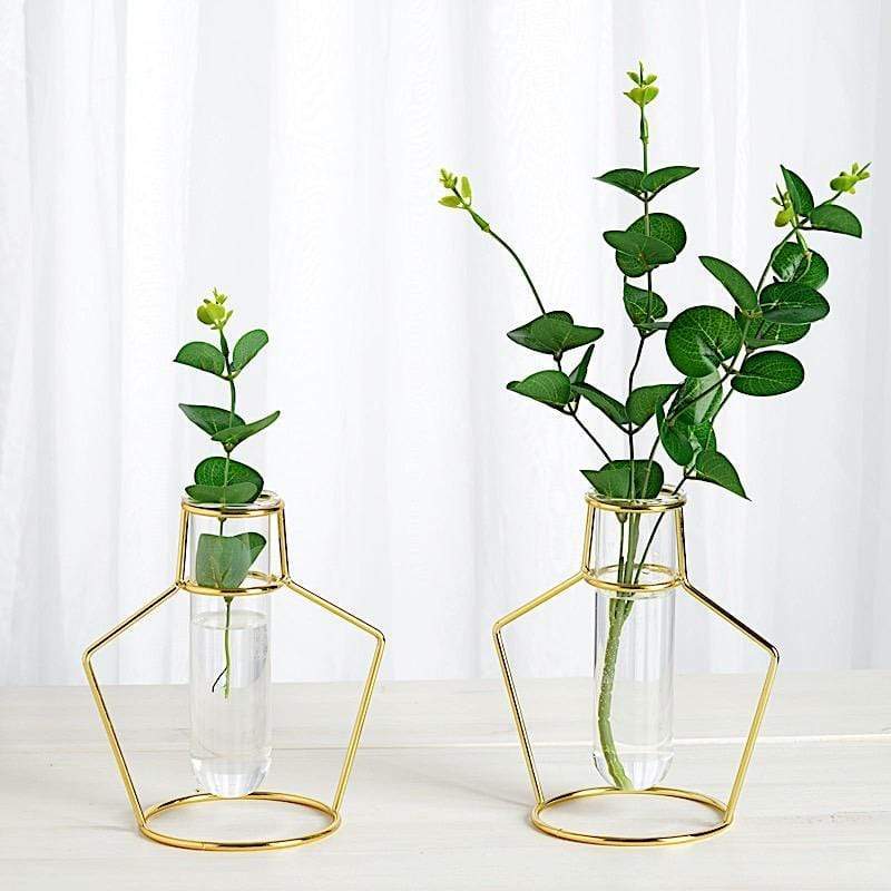 2 pcs Geometric Flower Vase Holders with Clear Glass Tubes - Gold IRON_VASE_004_7_GD