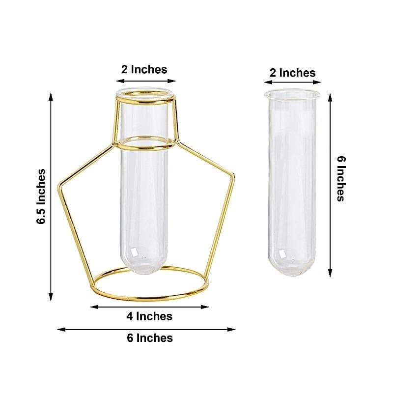 2 pcs Geometric Flower Vase Holders with Clear Glass Tubes - Gold IRON_VASE_004_7_GD