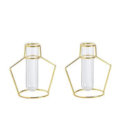 2 pcs Geometric Flower Vase Holders with Clear Glass Tubes - Gold IRON_VASE_004_7_GD