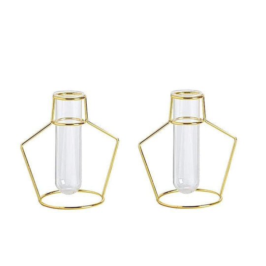 2 pcs Geometric Flower Vase Holders with Clear Glass Tubes - Gold IRON_VASE_004_7_GD